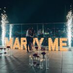 outdoor wedding proposal las vegas strip view rooftop balcony marry me light sign and sparkler foundations