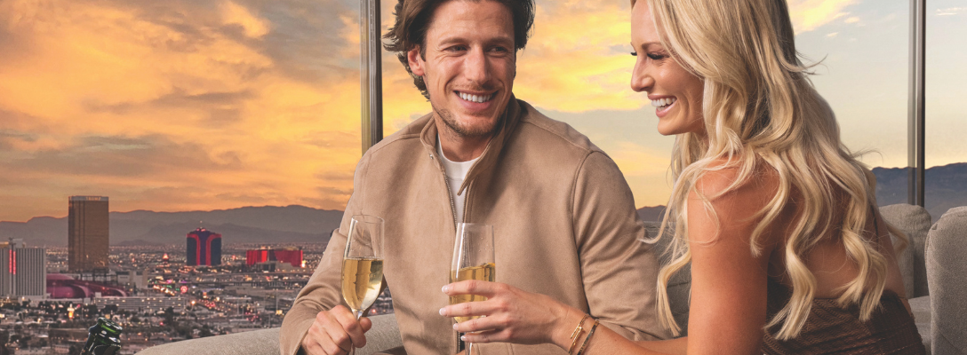 Newlyweds Toasting Honeymoon in Las Vegas at Legacy Club During Sunset